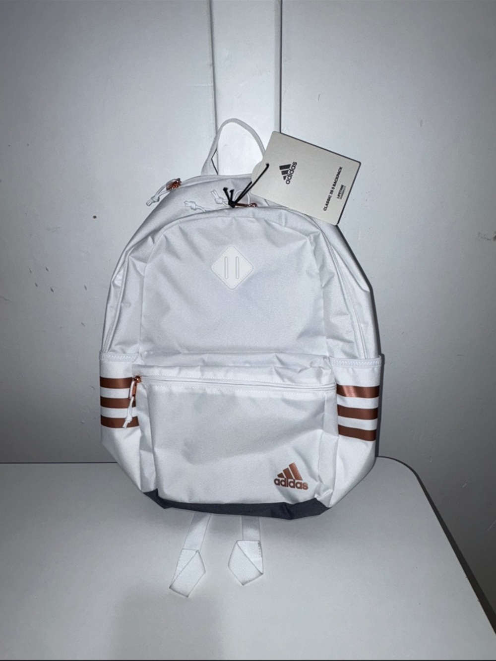 Adidas Classic 3S Backpack White Rose Gold Laptop Bag NWT